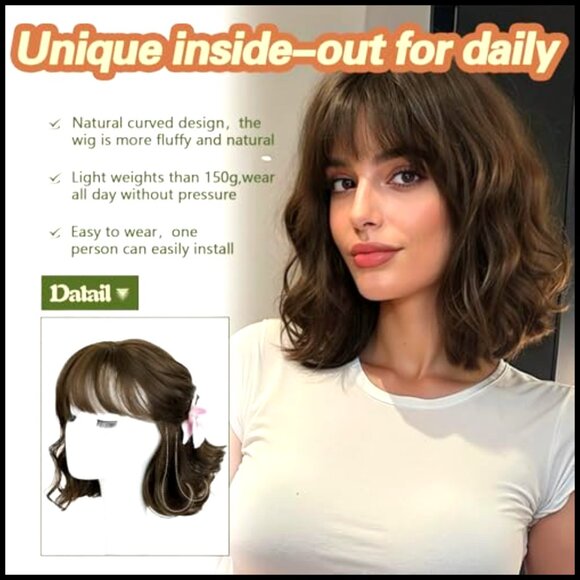 Short Wavy Bob Wig with Bangs Heat Resistant Natural Look Daily Wear main image 5